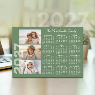 2027 Calendar 3 Photos Basic Green Minimal Holiday Card