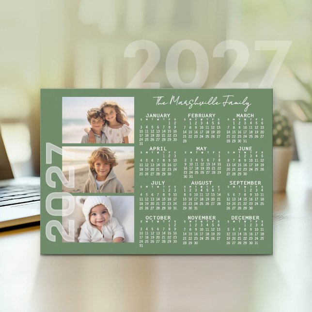 2027 Calendar 3 Photos Basic Green Minimal Holiday Card (2027 calendar as a holiday card)