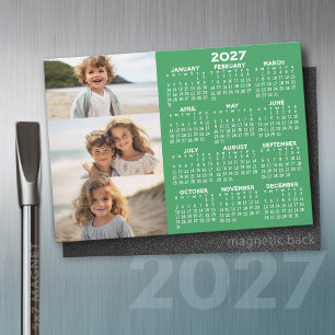 2027 Calendar - 3 Photos Basic Green White Magnet