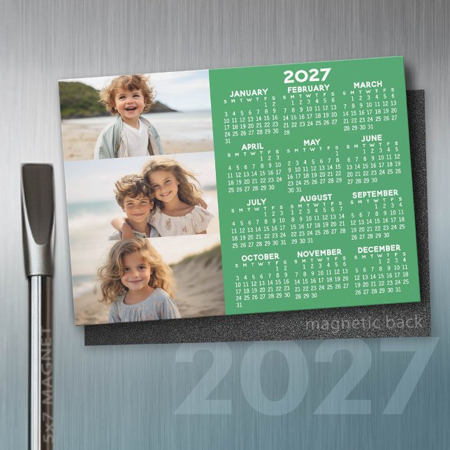 2027 Calendar - 3 Photos Basic Green White Magnet (2027 Calendar)