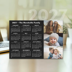 2027 Calendar 3 Photos Minimal Black White Holiday Card