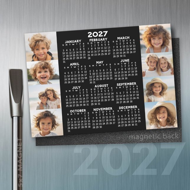 2027 Calendar - 8 Photos Basic Black White Magnet (2027 Calendar)
