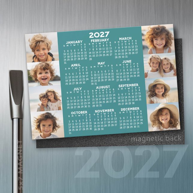 2027 Calendar - 8 Photos Basic Blue White Magnet (2027 Calendar)