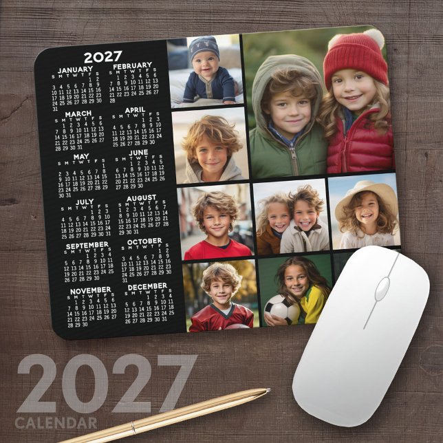 2027 Calendar - 9 photo collage - black Mouse Pad (2027 Calendar Mousepad)