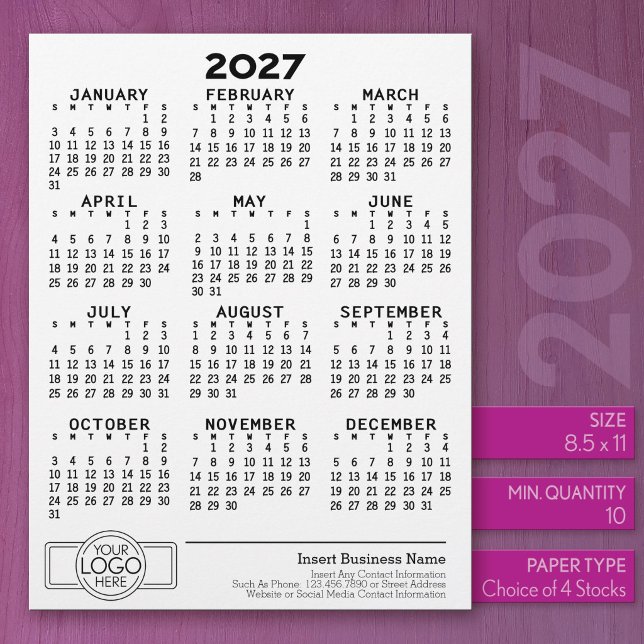 2027 Calendar - Basic Business Office Logo Custom Letterhead (2027 Calendar on US Standard Size Letter Paper)
