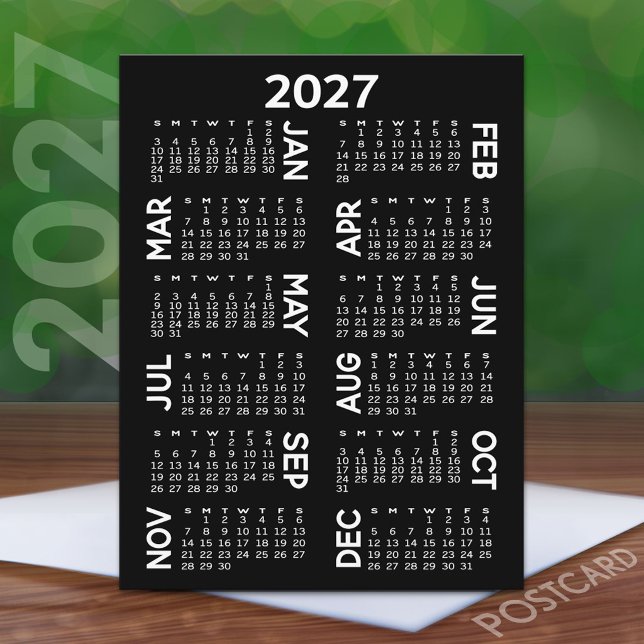 2027 Calendar - black and white offset names Postcard (2027 Calendar on a Postcard)