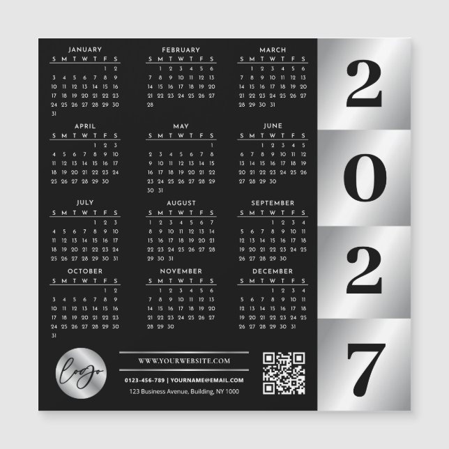 2027 Calendar Business Logo QR Code Black & Silver (Front)