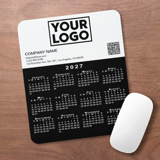 2027 Calendar Business Logo QR Code Black White Mouse Pad (2027 Calendar Business Logo QR Code Black White Mouse Pad in situ)