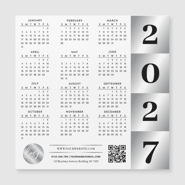 2027 Calendar Business Logo QR Code Chrome Silver (Front)