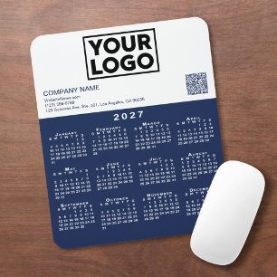 2027 Calendar Business Logo QR Code Navy White Mouse Pad