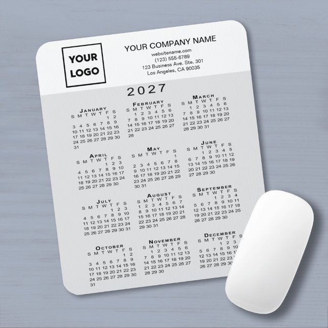 2027 Calendar Business Logo Text Light Grey White Mouse Pad (2027 Calendar Business Logo Text Light Grey White Mouse Pad in situ)