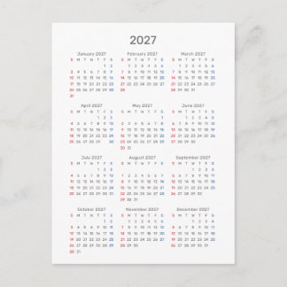 2027 Calendar Card: Sunday Start, Black & White Postcard