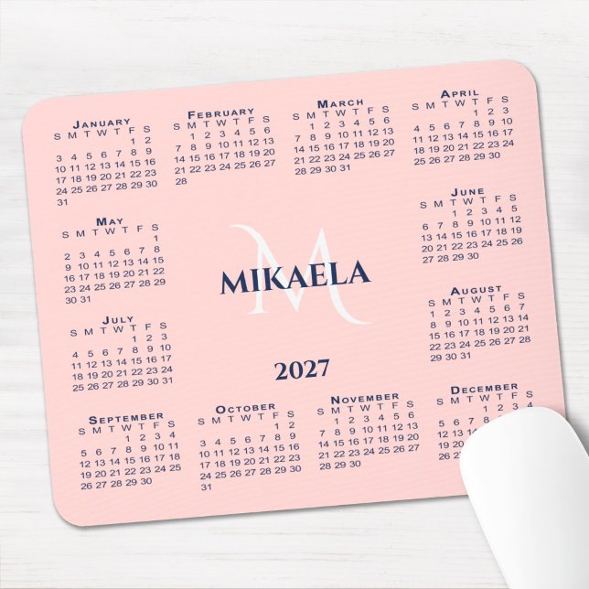 2027 Calendar Chic Monogram Name Coral Pink Mouse Pad (2027 Calendar Chic Monogram Name Coral Pink Mouse Pad in situ)