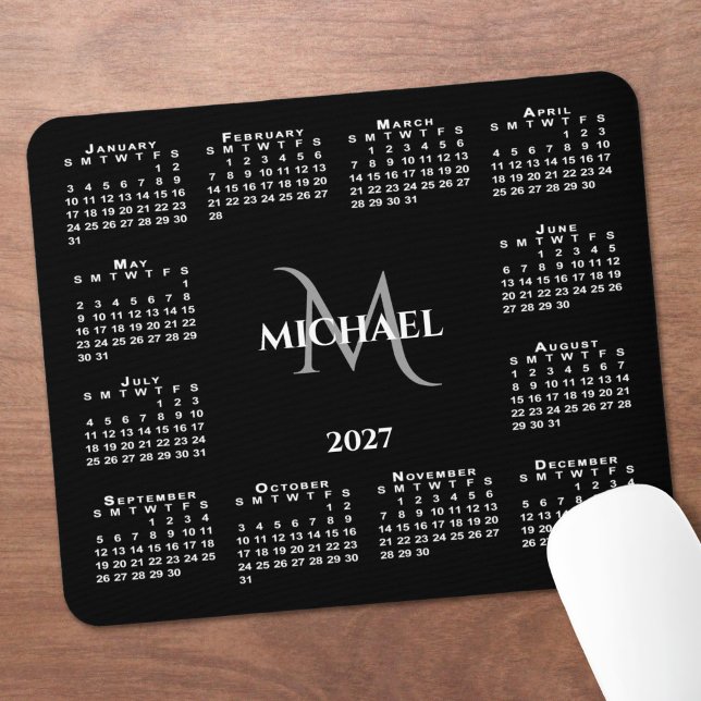 2027 Calendar Chic Monogram Name on Black Mouse Pad (2027 Calendar Chic Monogram Name on Black Mouse Pad in situ)