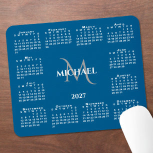 2027 Calendar Chic Monogram Name on Blue Mouse Pad