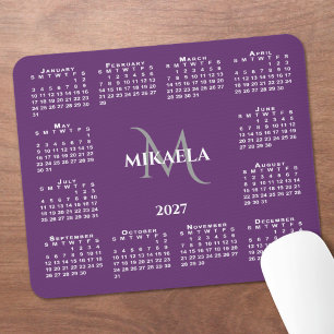 2027 Calendar Chic Monogram Name on Purple Mouse Pad