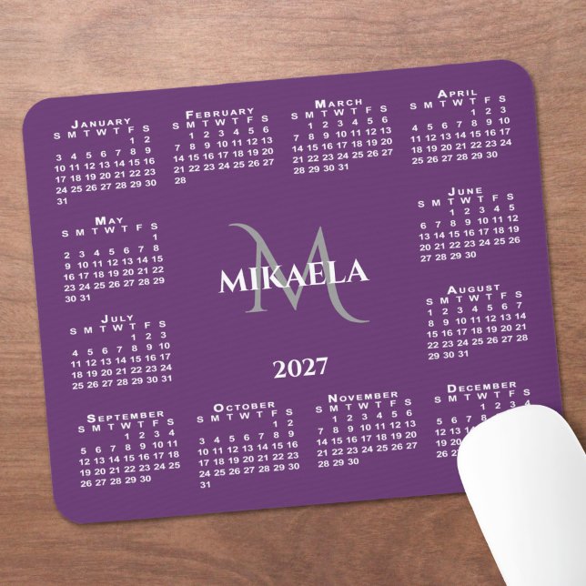 2027 Calendar Chic Monogram Name on Purple Mouse Pad (2027 Calendar Chic Monogram Name on Purple Mouse Pad in situ)