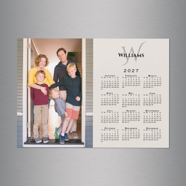 2027 Calendar Custom Photo Monogram Beige Magnet (2027 Calendar Custom Photo Monogram Beige Magnet in situ)