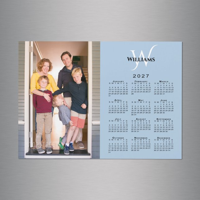 2027 Calendar Custom Photo Monogram Blue Magnet (2027 Calendar Custom Photo Monogram Blue Magnet in situ)