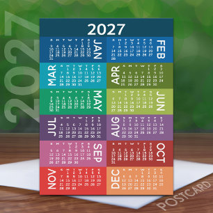 2027 Calendar Full Year with funky colourful month Postcard