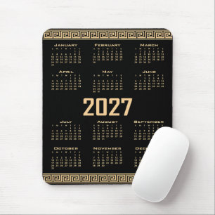 2027 Calendar, Greek Fret, Beige on Black Mouse Pad