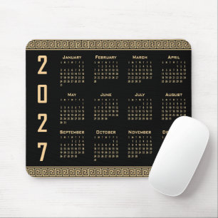 2027 Calendar, Greek Fret, Beige on Black Mouse Pad