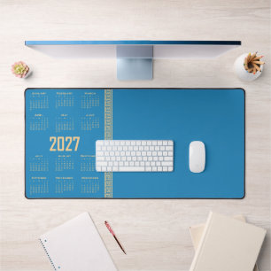 2027 Calendar, Greek Fret, Beige on Cosmos Blue Desk Mat