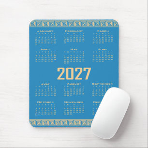 2027 Calendar, Greek Fret, Beige on Cosmos Blue Mouse Pad