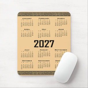 2027 Calendar, Greek Fret, Black on Beige Mouse Pad