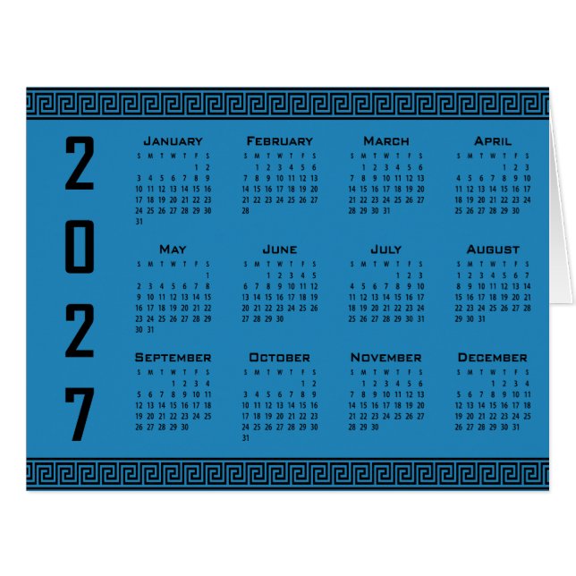 2027 Calendar, Greek Fret, Black on Cosmos Blue (Front Horizontal)