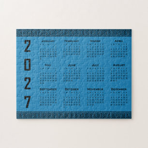 2027 Calendar, Greek Fret, Black on Cosmos Blue Jigsaw Puzzle