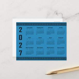 2027 Calendar, Greek Fret, Black on Cosmos Blue Postcard