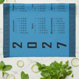 2027 Calendar, Greek Fret, Black on Cosmos Blue Tea Towel