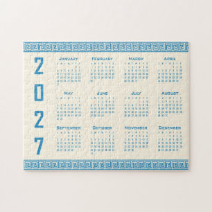 2027 Calendar, Greek Fret, Blue on Cosmic Latte Jigsaw Puzzle
