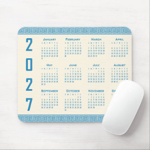 2027 Calendar, Greek Fret, Blue on Cosmic Latte Mouse Pad