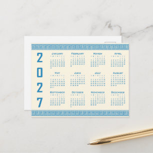 2027 Calendar, Greek Fret, Blue on Cosmic Latte Postcard