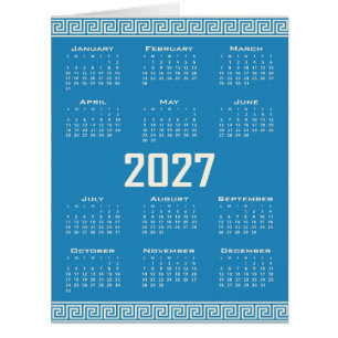 2027 Calendar, Greek Fret, Cosmic Latte on Blue