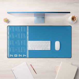 2027 Calendar, Greek Fret, Cosmic Latte on Blue Desk Mat