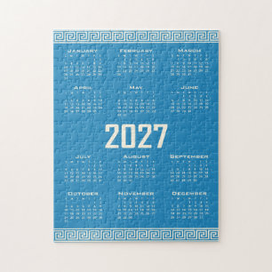 2027 Calendar, Greek Fret, Cosmic Latte on Blue Jigsaw Puzzle