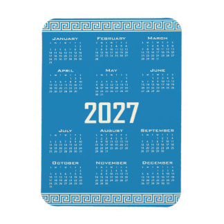 2027 Calendar, Greek Fret, Cosmic Latte on Blue Magnet