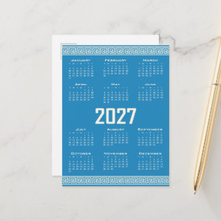 2027 Calendar, Greek Fret, Cosmic Latte on Blue Postcard