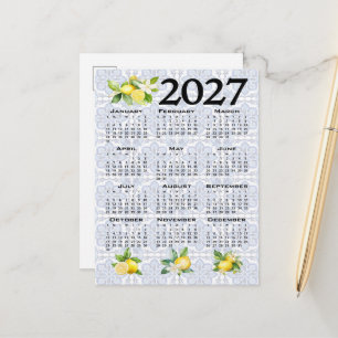 2027 Calendar, Greek Fret, Cosmic Latte on Blue Postcard