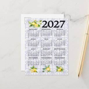 2027 Calendar, Greek Fret, Cosmic Latte on Blue Postcard