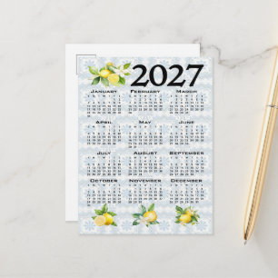2027 Calendar, Greek Fret, Cosmic Latte on Blue Postcard