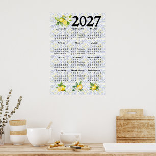 2027 Calendar, Greek Fret, Cosmic Latte on Blue Poster