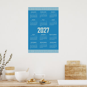 2027 Calendar, Greek Fret, Cosmic Latte on Blue Poster