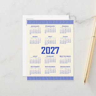 2027 Calendar, Greek Fret, Greek Blue Cosmic Latte Postcard