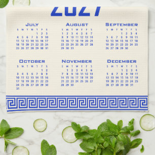 2027 Calendar, Greek Fret, Greek Blue Cosmic Latte Tea Towel