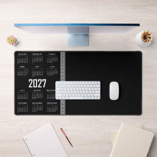 2027 Calendar, Greek Fret, White on Black Desk Mat