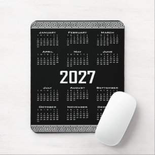 2027 Calendar, Greek Fret, White on Black Mouse Pad